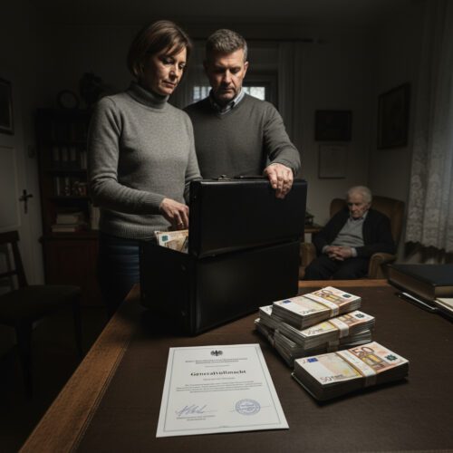 Ein Paar schiebt sorgfältig Bündel Geldscheine und eine Generalvollmacht in eine Tasche, unbemerkt vom apathischen Senior im Hintergrund.