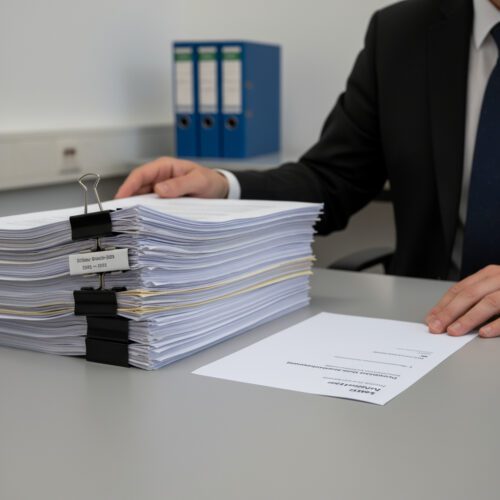 Eine Hand in Anzug legt einen formalen Stapel Einspruchsdokumente neben eine einzelne Gerichtskostenrechnung.