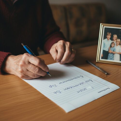 Faltige Hände signieren ein handschriftliches Testament; die Textzeile „bei einem gemeinsamen Tod“ ist im Fokus.