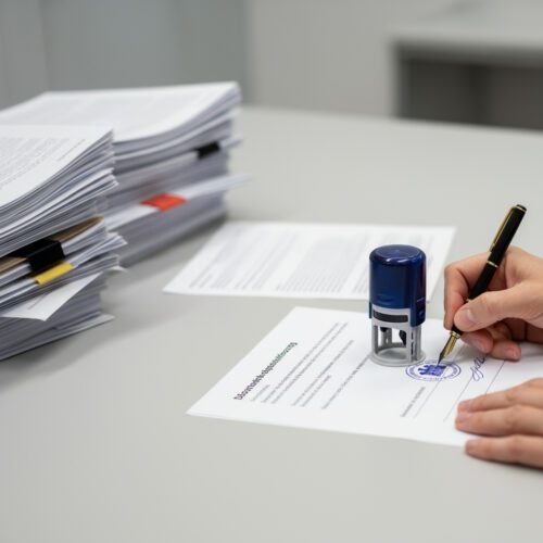 Detailaufnahme: Hände unterschreiben voreilig ein frisch gestempeltes Erbdokument neben ungeöffneten Aktenstapeln.