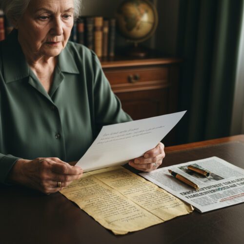 Eine entschlossen blickende ältere Frau präsentiert ihr neues handschriftliches Testament über einem vergilbten, alten Gemeinschaftstestament.