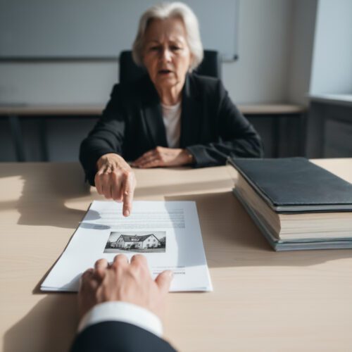 Nahaufnahme: Ein Nachlasspfleger hält einen Kaufvertrag für ein altes Zweifamilienhaus fest, während die ältere Frau darauf zeigt.