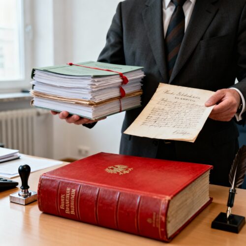 Ein formaler Sachbearbeiter vergleicht notariell versiegelte Dokumente prüfend mit einem dünnen, ungehefteten handschriftlichen Schriftstück.