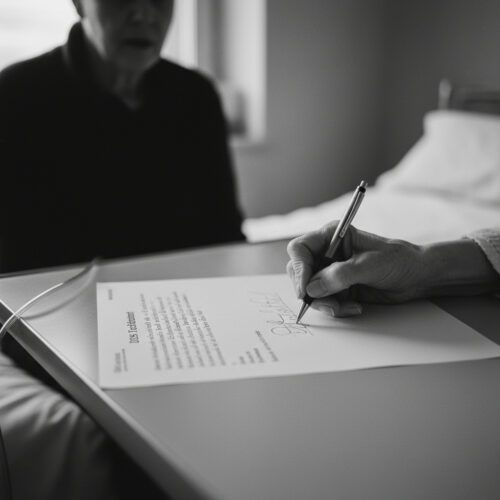 Nahaufnahme: Die zittrige Hand einer schwerkranken Seniorin führt eine krakelige Unterschrift unter den wachsamen Augen ihres Betreuers aus.