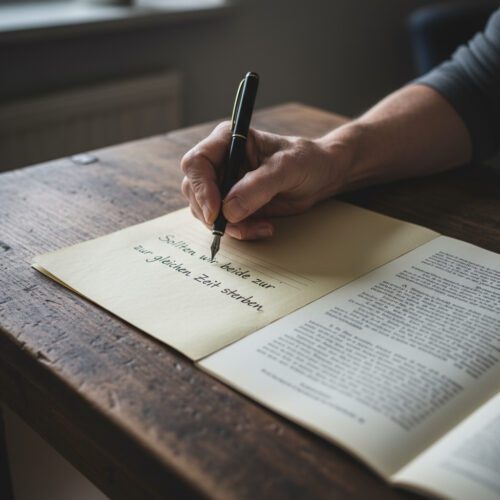 Eine gealterte Hand schreibt sorgfältig die Formulierung "Sollten wir beide zur gleichen Zeit sterben" in ein handschriftliches Testament.