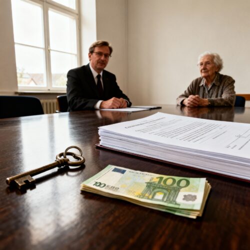 Ein altmodischer Schlüsselbund und ein Stapel Banknoten liegen auf dem Notariatstisch, dahinter ein Mann im Anzug und eine ältere Frau.