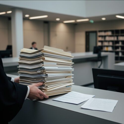 Am Schalter übergibt ein Anwalt einen überdimensionierten Stapel Schriftsätze neben einem offenen Kooperationsbrief.