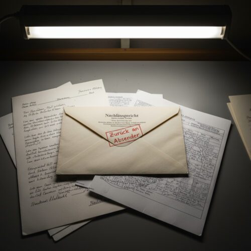 Ein versiegelter Umschlag des Nachlassgerichts mit dem handschriftlichen Vermerk "Zurück an Absender" liegt auf Dokumenten.