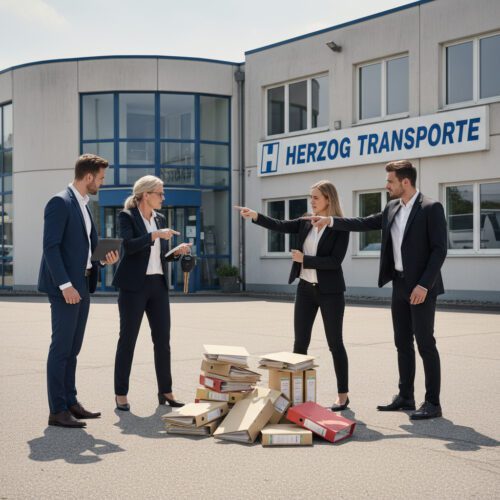 Vier Erben, darunter eine ältere Frau mit LKW-Schlüsselbund, stehen feindselig gestikulierend auf dem Speditionsgelände.