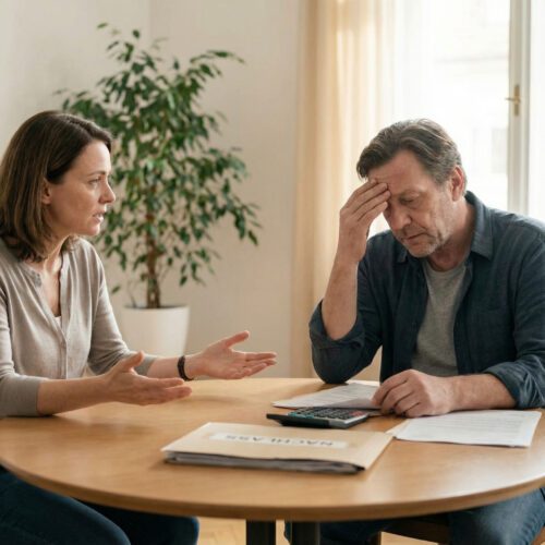 Zwei erschöpfte, aber lösungsorientierte Erben sitzen mit einem Mediator am Tisch und nähern sich einer Einigung.