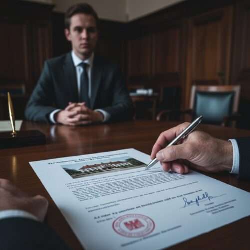 Die zittrige Hand eines alten Mannes leistet die Unterschrift auf dem notariellen Übertragungsvertrag des Familienanwesens.