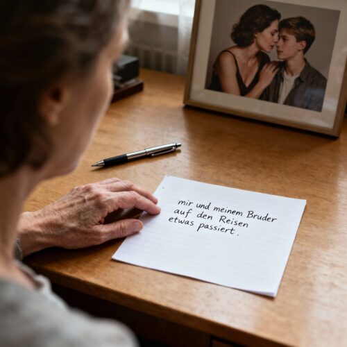 Eine ältere Hand ruht neben einem handschriftlichen Dokument mit der Bedingung: "mir und meinem Bruder auf den Reisen etwas passiert."