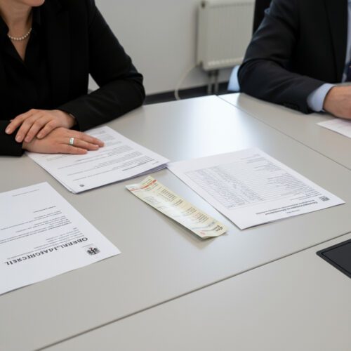 Nahaufnahme: Prüfende Hände über einem Tisch, die ein detailliertes Zeitprotokoll neben einem dünnen Bankauszug des Nachlasses begutachten.