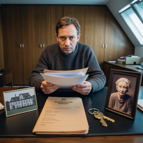 Ein Mann blickt angespannt auf eine offizielle Gerichtsakte, die neben einem Foto eines großzügigen Wohnhauses liegt.