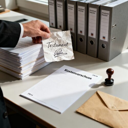 Ein Beamter legt das handschriftliche Testament zu Akten und blickt auf ein leeres Formular für den Kostenvorschuss.