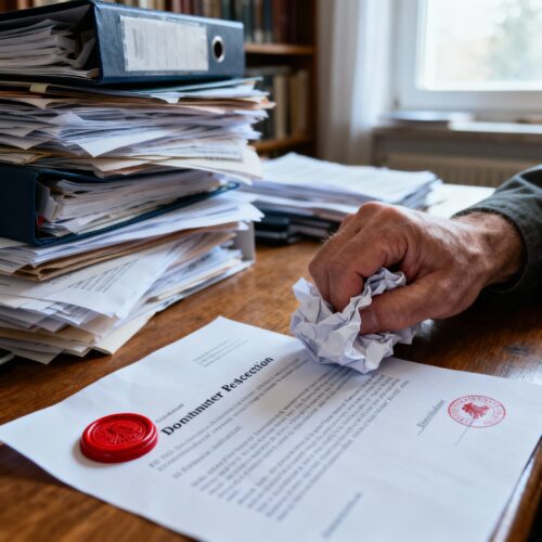 Eine angespannte Hand zerknüllt ein offiziell gestempeltes Notariatsschreiben auf einem Stapel Erbdokumente.