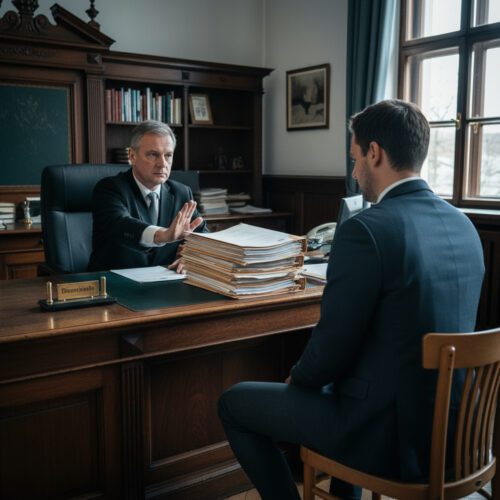 Ein Notar schiebt einem Erben einen dicken Stapel Nachlassdokumente abweisend über den Schreibtisch zurück.