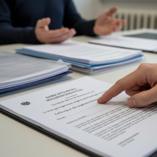 Die formelle Hand eines Rechtspflegers zeigt auf die Zeile "Zahlung an die ungeteilte Erbengemeinschaft" in einem dicken Urteil.