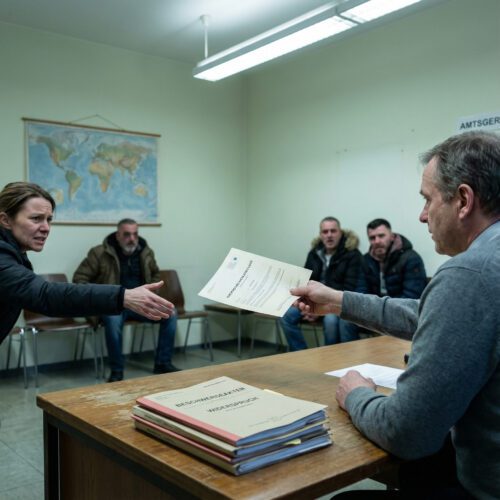 Angespannte Nahaufnahme: Das Europäische Nachlasszeugnis wird durch den Einspruch eines Mannes blockiert, zwischen Beamten- und Antragstellerhand.