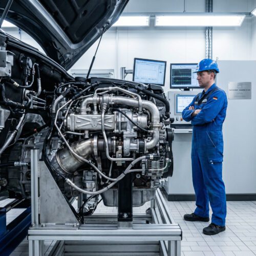 Ein Techniker untersucht die komplexe, metallische Abgasrückführung (AGR) eines Dieselmotors auf einem sterilen Prüfstand.