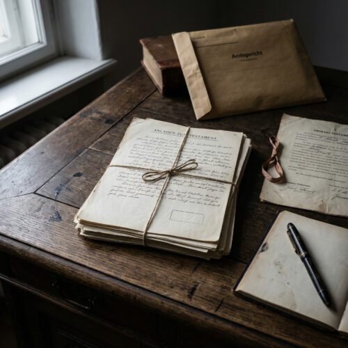 Auf einem dunklen Schreibtisch liegen ein unterschriebenes Haupttestament und ein Stapel handschriftlicher, noch nicht signierter Zusatzseiten.