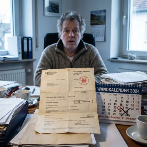 Ein frustrierter Mann starrt auf die offizielle Rechnung der Justizkasse, die ihm die gesamten, hohen Kosten für ein Gutachten auferlegt.