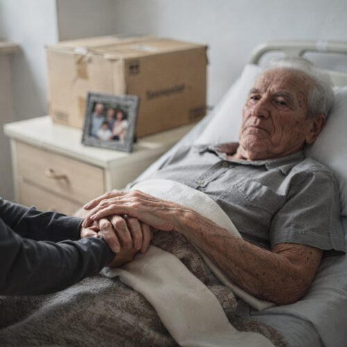 Ein schwerkranker, älterer Mann im Hospizbett hält fest die Hand eines Angehörigen.