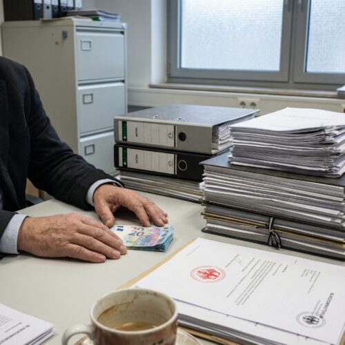 Frustrierter Nachlasspfleger hält ein kleines Bündel Bargeld neben dem dicken Stapel der detaillierten Abrechnungsakte.