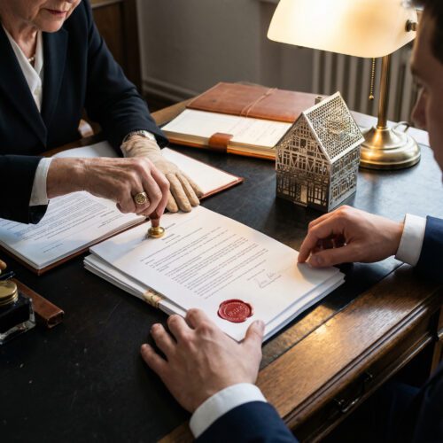 Die Hand einer Frau übergibt Übertragungsdokumente, hält aber einen goldenen Schlüssel fest in der geschlossenen Faust.