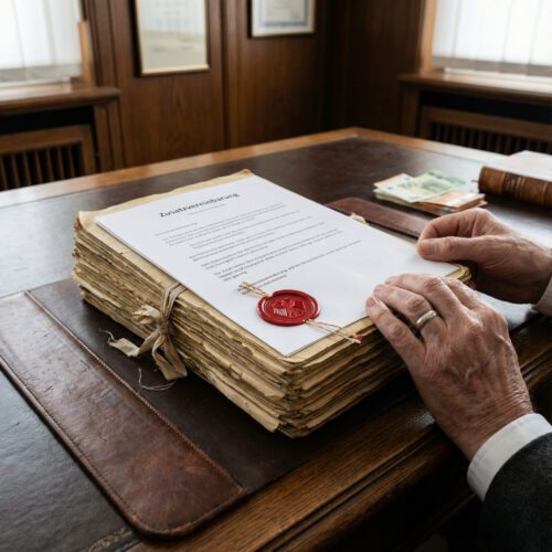 Frisch gesiegelter, dünner Rechtsnachtrag auf einem dicken, vergilbten Erbvertrag in einem Notariat.