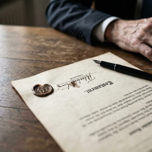 Zittrige und kaum lesbare Unterschrift auf einem notariellen Dokument, daneben ein Füllfederhalter.