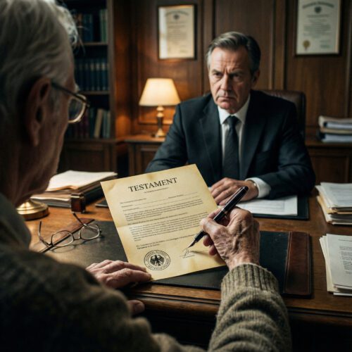 Eine gebrechliche Hand hält verkrampft einen Füllfederhalter über ein amtliches Dokument, unter der starren Beobachtung eines Notars.