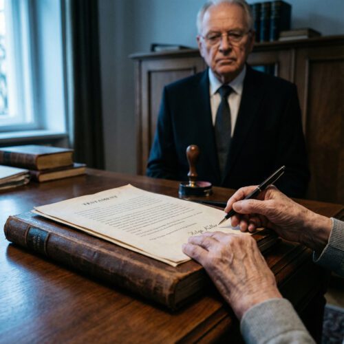 Eine zitternde, ältere Hand setzt mühsam eine Unterschrift unter ein ledergebundenes Testament im Beisein eines Notars.