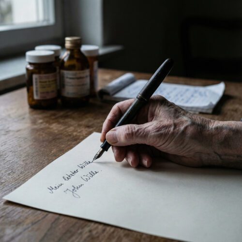 Die angestrengt schreibende Hand einer älteren Frau verfasst ihren letzten Willen; Medikationsfläschchen liegen im Halbschatten.
