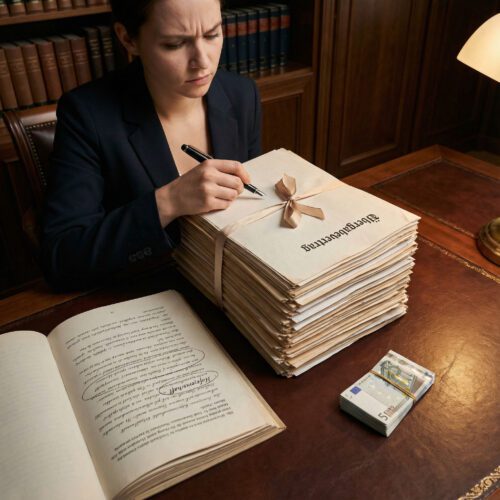 Junge Frau unterschreibt im Notariat einen Vertrag. Der Blick fokussiert die irreführende handschriftliche Klausel (Verneinung der Hofeigenschaft).