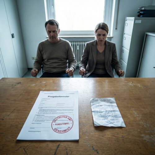 Ein gestempeltes Freigabeformular liegt neben einem kleinen, zerknitterten Zettel mit privaten Schulden, blockiert durch eine Frau in einem Büro.