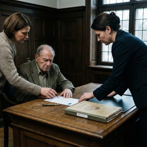 Eine medizinische Akte wird unter den Stift eines verwirrten Seniors geschoben, dessen Hand über ein Dokument geführt wird.