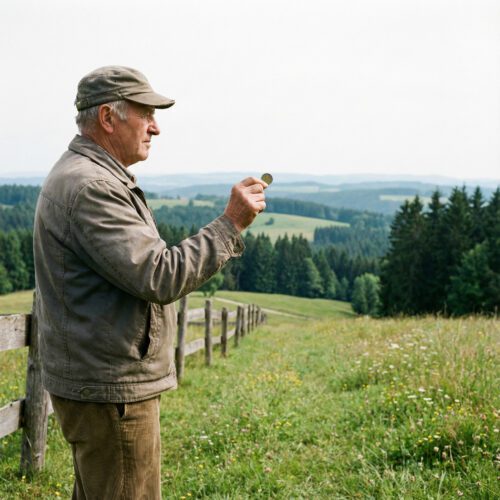 Mann hält auf einer Anhöhe eine winzige Münze prüfend gegen den weiten Horizont einer bewaldeten Hügellandschaft.