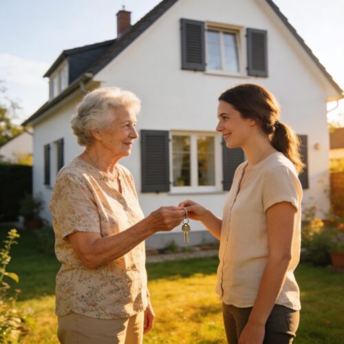 Eine ältere Frau reicht einer jüngeren Frau vor einem Einfamilienhaus behutsam einen Schlüsselbund.