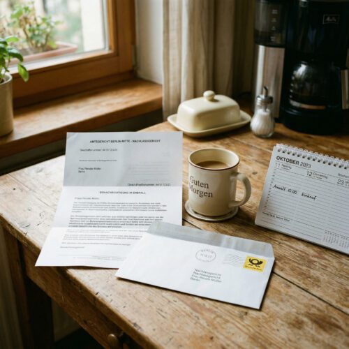 Ein offizieller Brief liegt still neben einem aufgeschlagenen Kalender und einer Kaffeetasse auf dem Küchentisch.