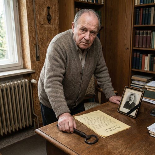Ein Mann nimmt still einen Schlüssel und ein Testament von einem Schreibtisch neben einem gerahmten Trauerfoto an sich.