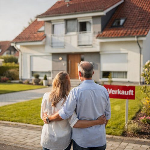 Ein Paar steht Arm in Arm vor einem modernen Einfamilienhaus mit einem Verkauft-Schild im Vorgarten.