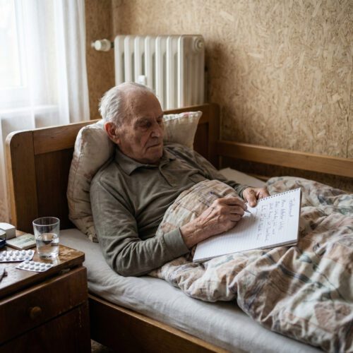 Eine zitternde Hand schreibt mühsam in krakeliger Schrift auf ein liniertes Blatt Papier auf einer Bettdecke.
