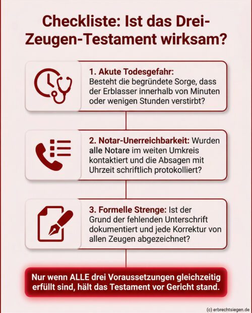 Infografik Checkliste: Die 3 Voraussetzungen für ein wirksames Drei-Zeugen-Testament laut OLG Saarbrücken.