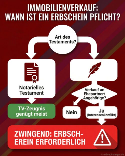 Entscheidungsbaum zum Immobilienverkauf: Handschriftliches Testament und Verkauf an Angehörige führen zur Erbscheinspflicht.