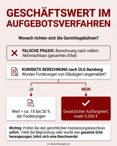Infografik: Berechnung des Geschäftswerts im Aufgebotsverfahren. Falsch: Nach gesamtem Erbe. Richtig bei null Forderungen: 5.000 Euro.