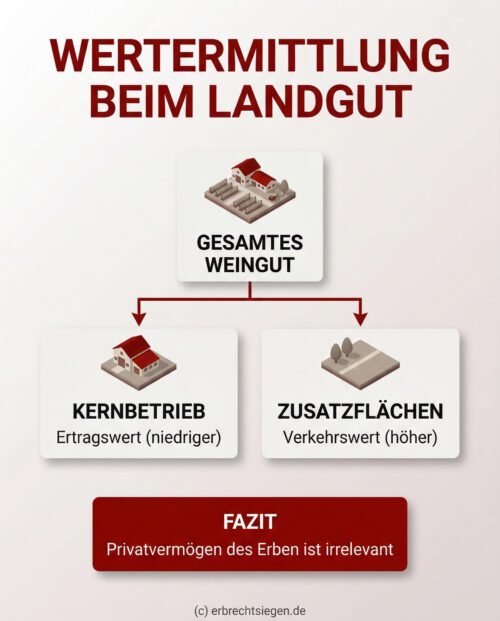 Infografik zur Aufspaltung der Wertermittlung beim Landgut in Ertragswert für den Kernbetrieb und Verkehrswert für Zusatzflächen.