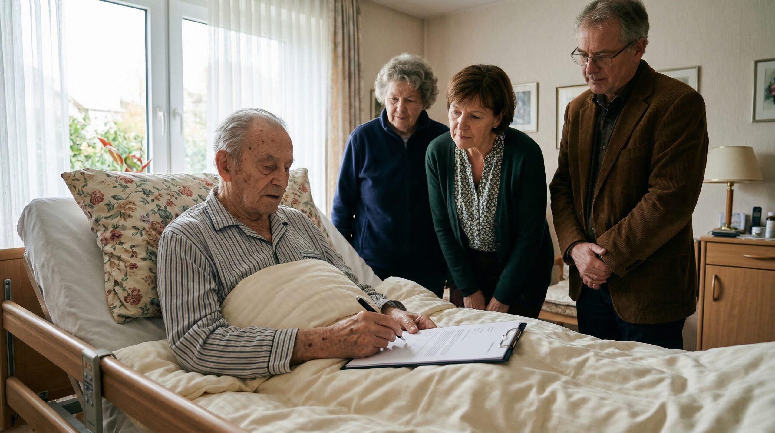 Ein kranker Mann im Bett lässt einen Stift auf ein ununterschriebenes Dokument gleiten, drei Zeugen stehen daneben.