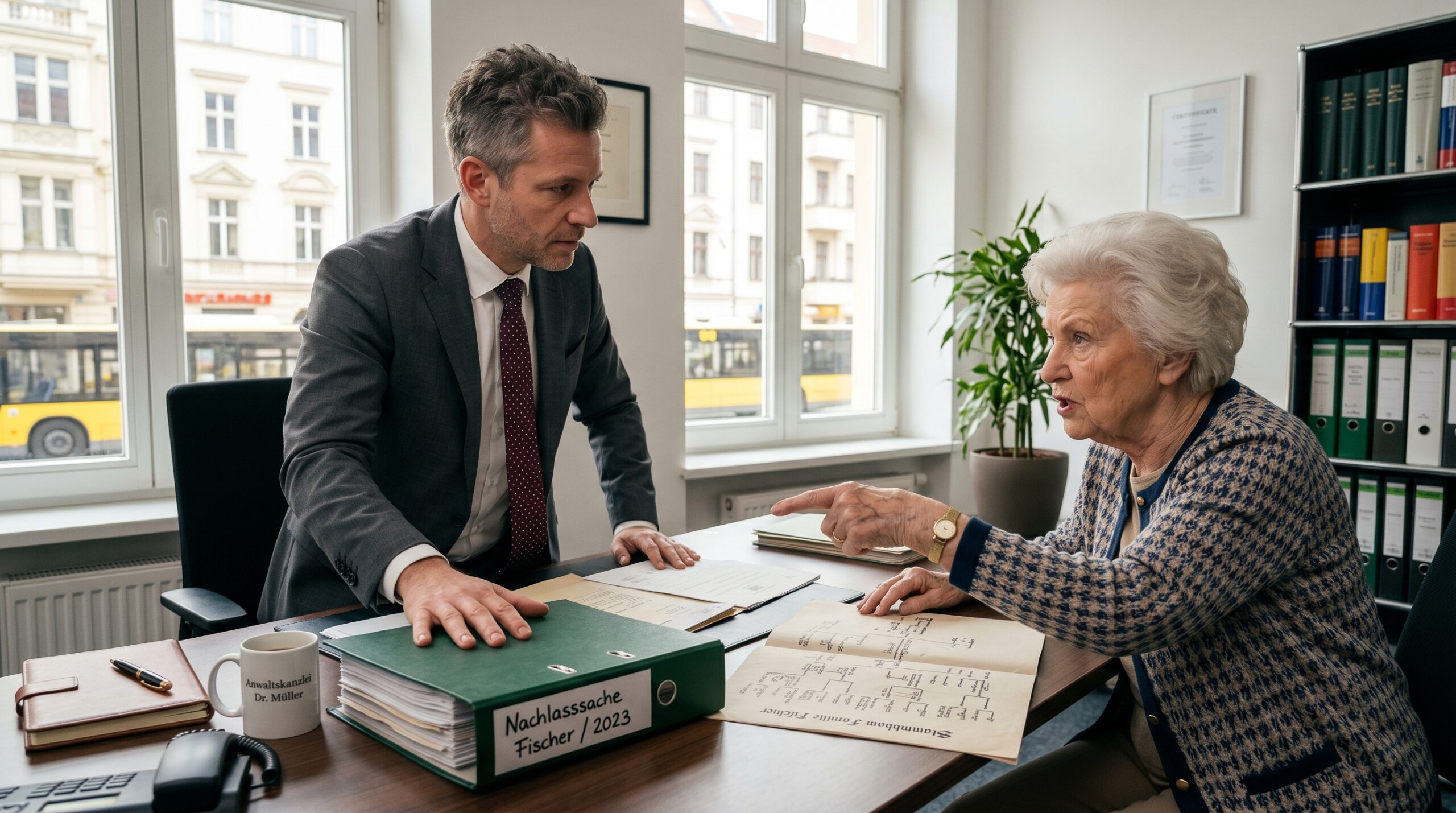 Anwalt schiebt Akte weg, während Mandantin auf einen Familienstammbaum deutet; helles Büro mit Gesetzestexten.