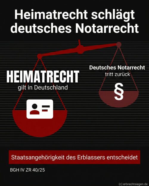 Infografik: Kippende Waage – Heimatrecht schwerer als deutsches Notarrecht bei ausländischen Erblassern.